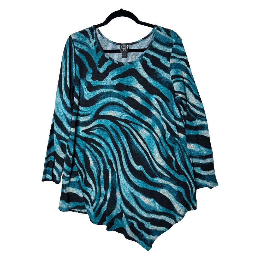 Clara Sun Woo Knit Tunic Top Sz L Sweater‎ Print Colorful Art To Wear Lagenlook